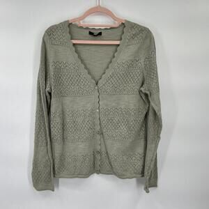 FRYE sage Green Pointelle Scallop Button Knit Cardigan 100% Cotton